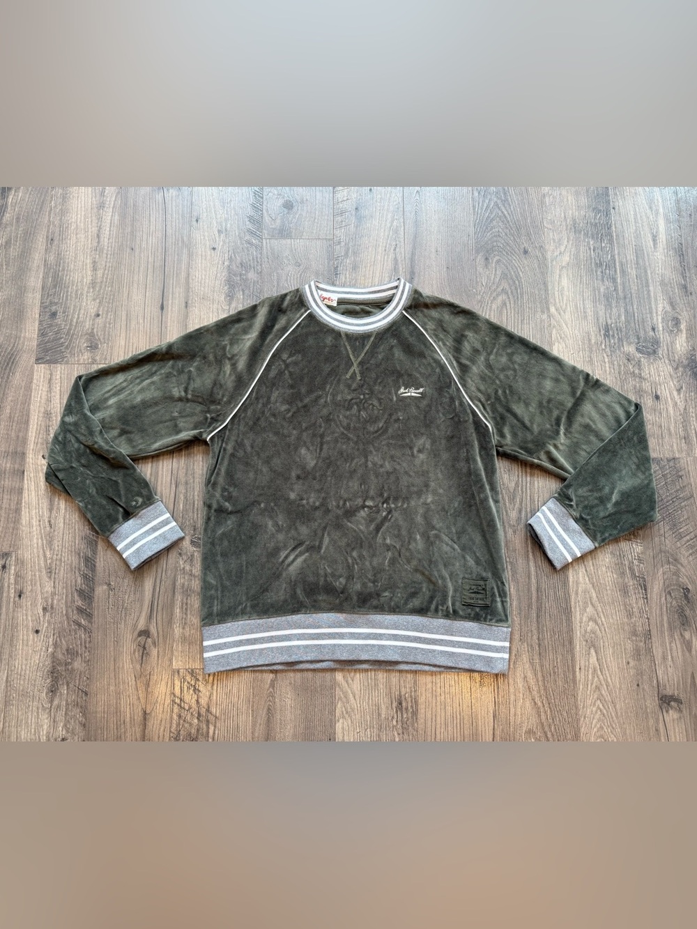 Converse x Todd Snyder Velour Deep Olive Crewneck with Ribbed Striped Cuffs. Med